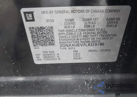 2020 Chevrolet Equinox Awd Lt 1.5L Turbo z USA, uszkodzony, nr VIN 2GNAXUEV7L6119789